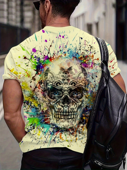 Herr T-shirt med färgstarkt dödskalletryck, streetwear-stil, kortärmad, plus size