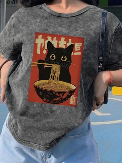 Unisex T-shirt med Vintage Katt och Ramen, Japansk Stil, Casual Mode