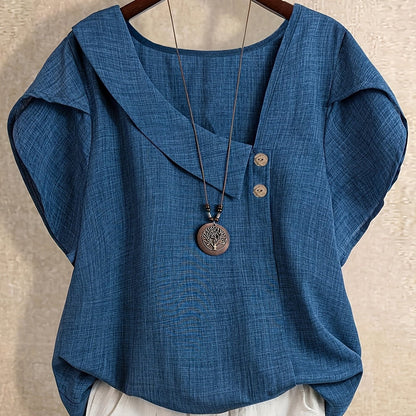 Dam Kortärmad Tunika Blus med Asymmetrisk Krage och Knappdetalj – Elegant och Avslappnad Stil
