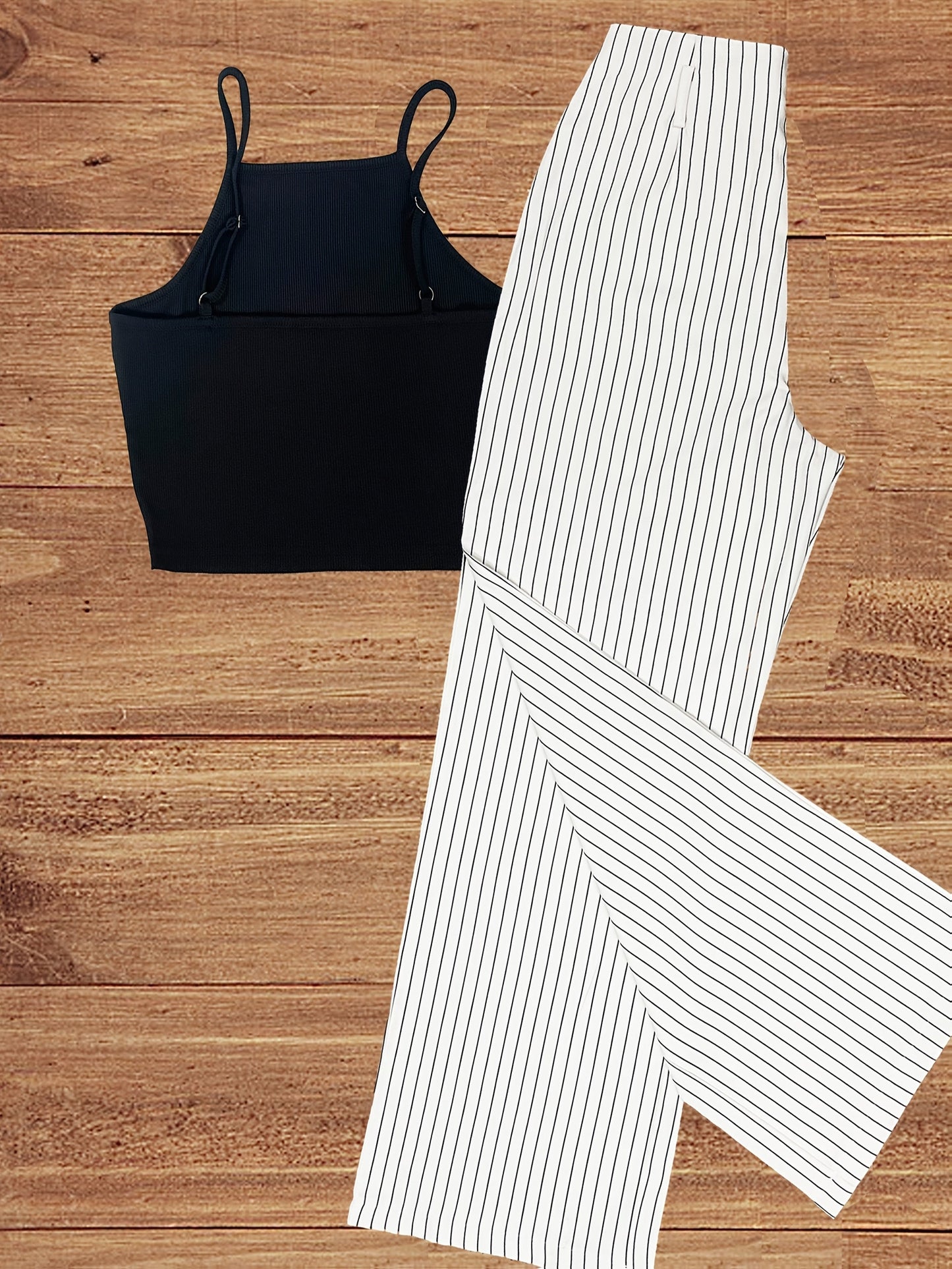 Dam Set: Elegant Randigt Byxor och Crop Top för Vår/Sommar – Perfekt för Kontor och Fest