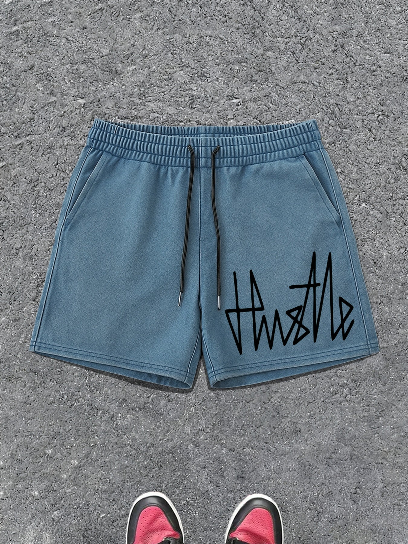 Herrshorts Streetwear med Hustle-tryck, avslappnad stil för vardagsbruk