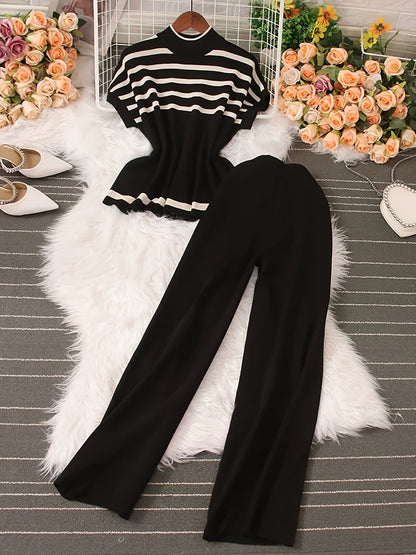 Dam Set Elegant Randig Topp och Vida Byxor för Vår/Sommar - Avslappnad Chic Outfit