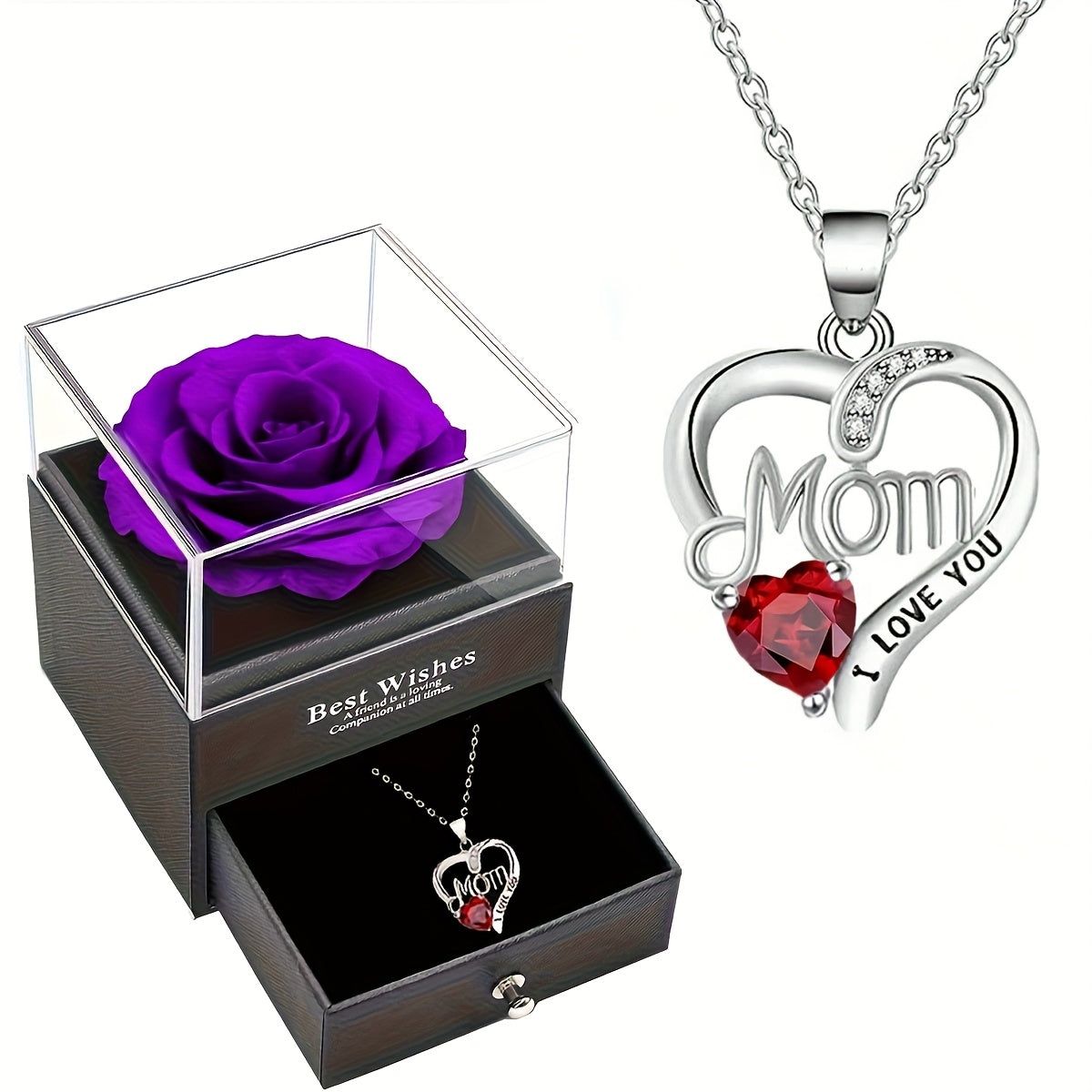 Smyckeset för Dam – Halsband med Hjärtformat 'Mom I Love You'-Hänge och Evighetsros i Presentask – Perfekt Gåva till Mamma