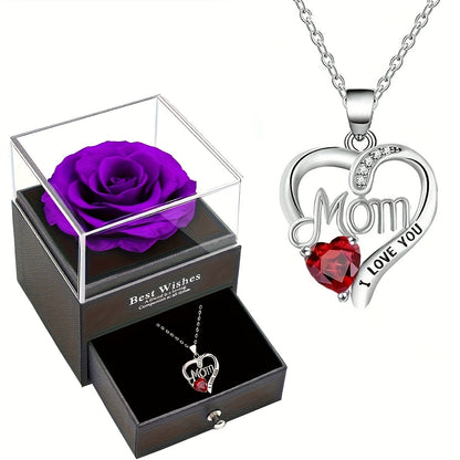 Smyckeset för Dam – Halsband med Hjärtformat 'Mom I Love You'-Hänge och Evighetsros i Presentask – Perfekt Gåva till Mamma