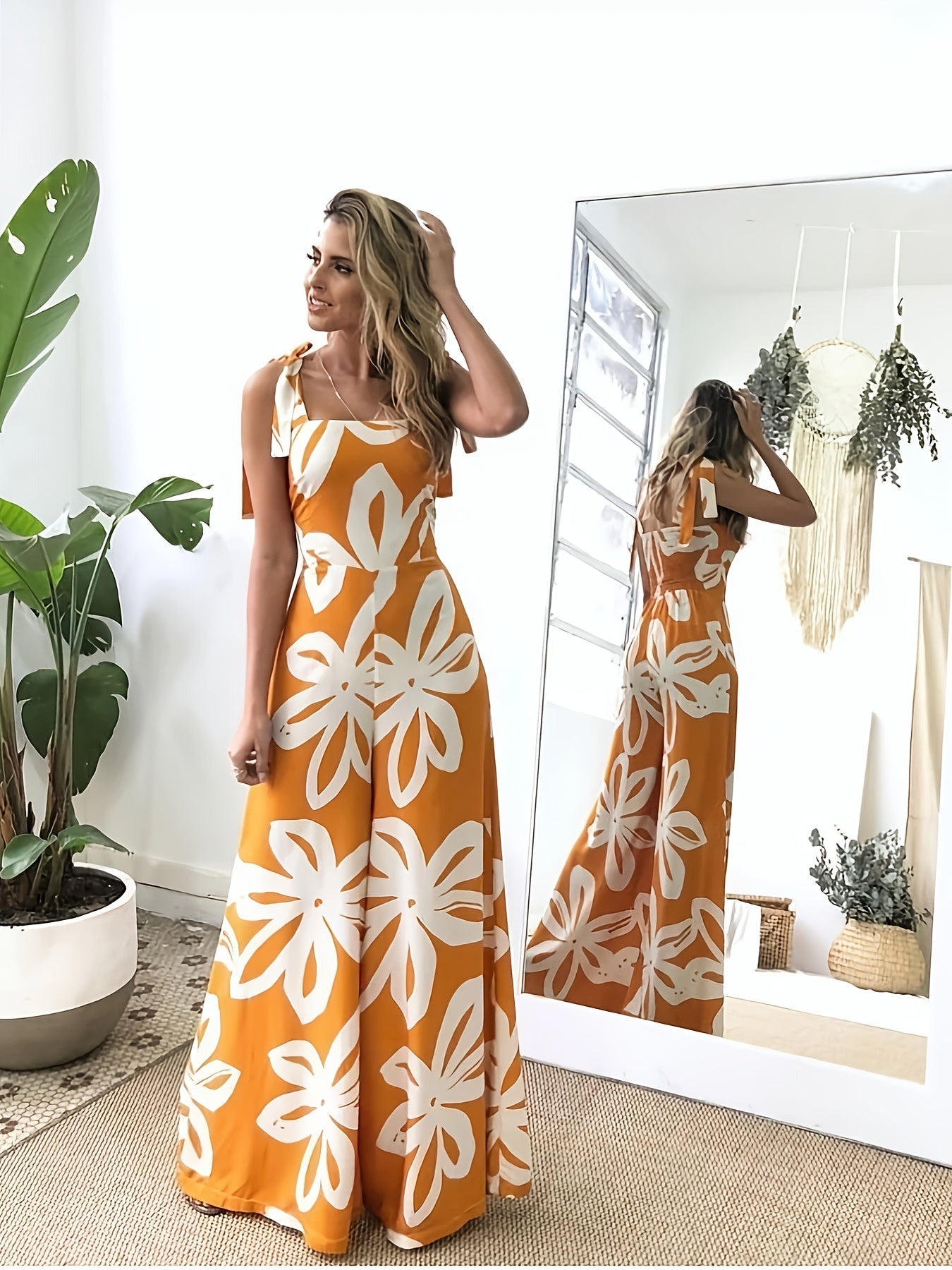 Damklänning – Elegant Sommarklänning med Blommigt Mönster och Knytband, Perfekt för Fest och Semester
