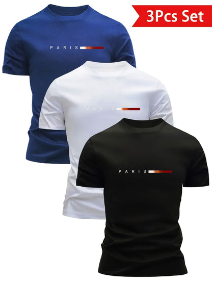 Herr T-shirt 3-pack Set Paris Tryck Sportig och Trendig Stil