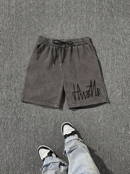 Herrshorts Streetwear med Hustle-tryck, avslappnad stil för vardagsbruk