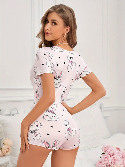 Dam Pyjamas Romper med Kaninmotiv och Hjärtan – Söt och Bekväm Kortärmad Sovplagg