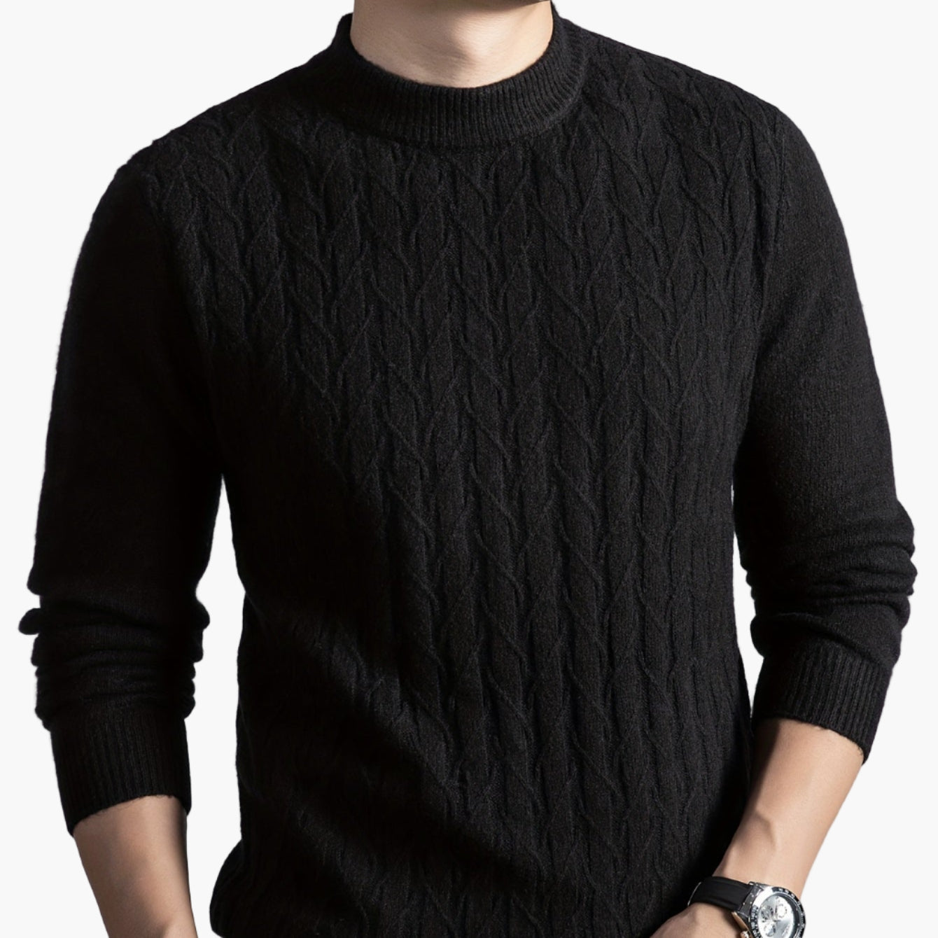 Herrtröja med kabelstickad design – Elegant vardagsstil, lång ärm, höst/vinter