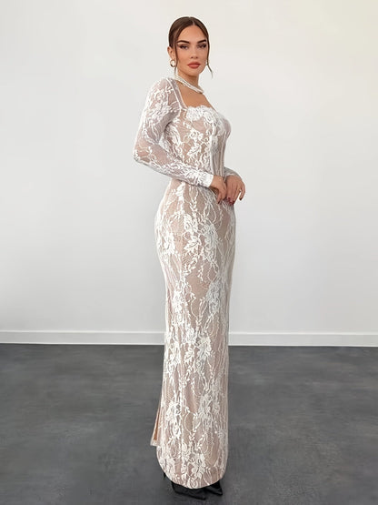 Dam Klänning Elegant Bodycon Långarmad Festklänning med Spetsdetaljer