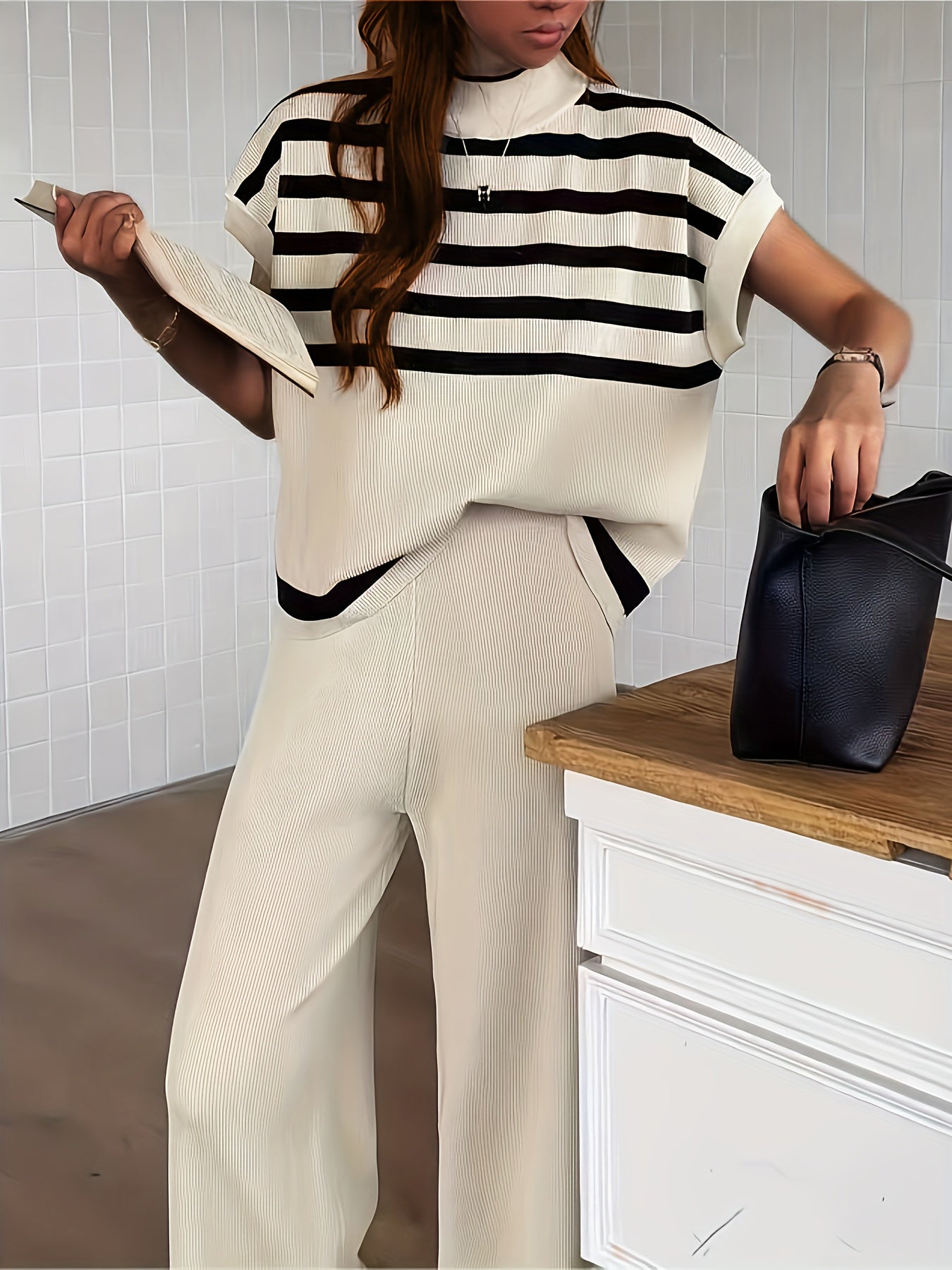 Dam Set Elegant Randig Topp och Vida Byxor för Vår/Sommar - Avslappnad Chic Outfit