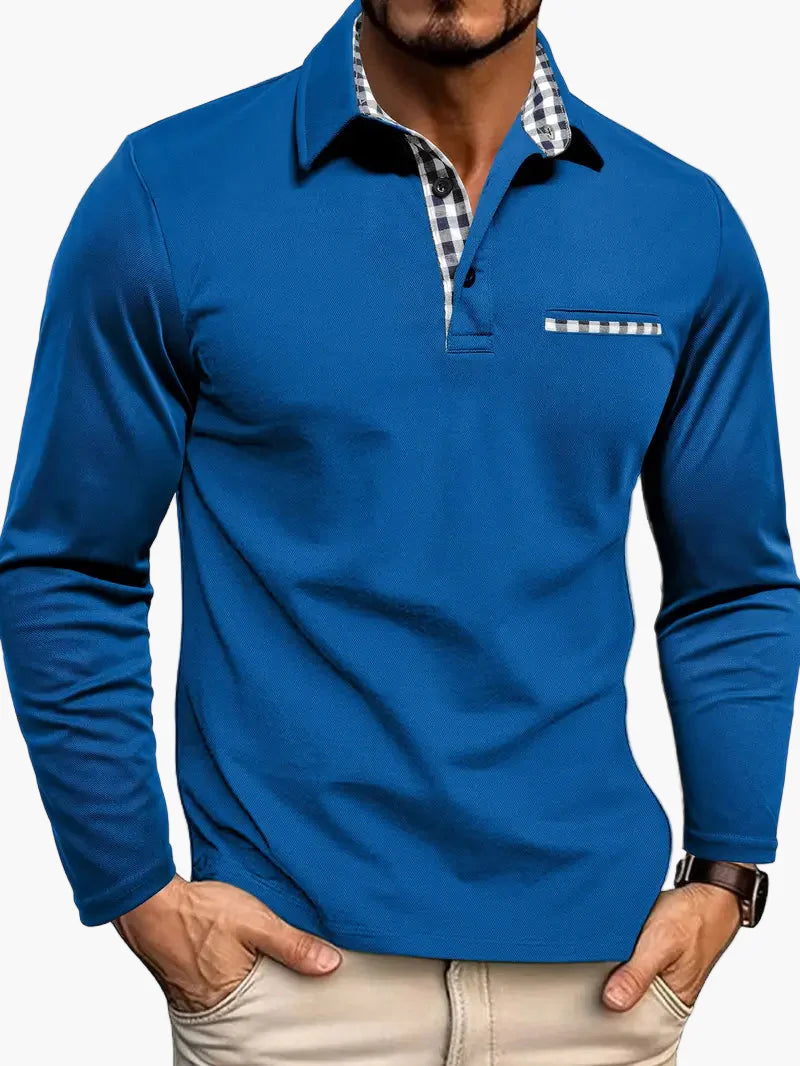 Herr Pikétröja med Långa Ärmar och Rutiga Detaljer – Modern Slim Fit för Alla Tillfällen