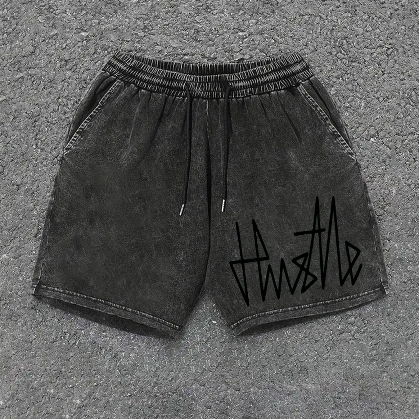 Herrshorts Streetwear med Hustle-tryck, avslappnad stil för vardagsbruk
