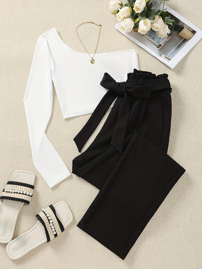 Dam Elegant Off-Shoulder Topp och Slacks Set – Perfekt för Vardagsbruk och Fest