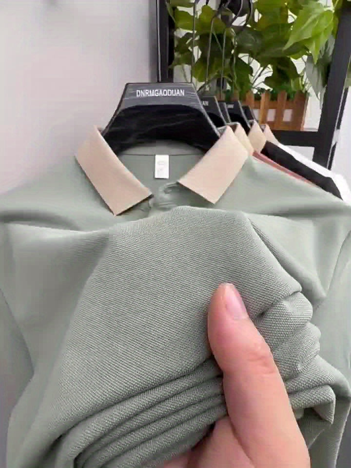 Herr Pikétröja Klassisk Casual med Kontrastkrage och Broderad Logotyp - Stilren för Vardag och Fritid