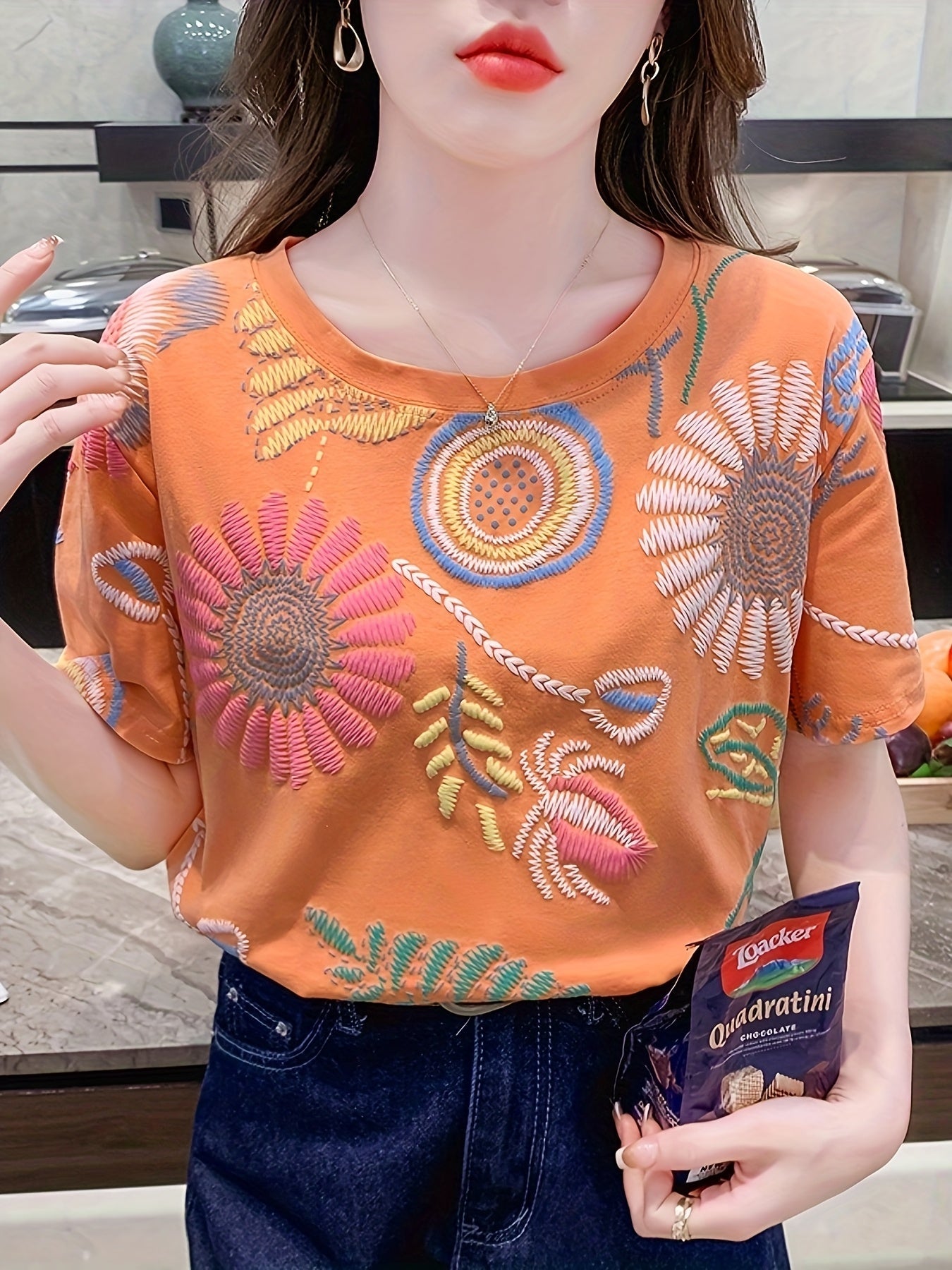Dam Topp Broderad Boho Stil Ledig Sommarblus Kort Ärmar