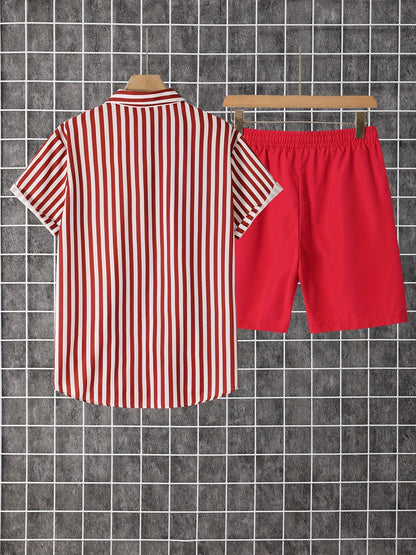 Herr Set – Trendigt Sommarset med Randig Skjorta och Shorts för Avslappnad Stil
