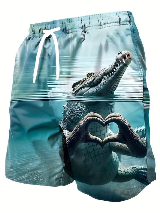 Herr Badshorts Rolig Krokodil Med Hjärtformade Händer – Trendiga Strandshorts För Sommar & Bad