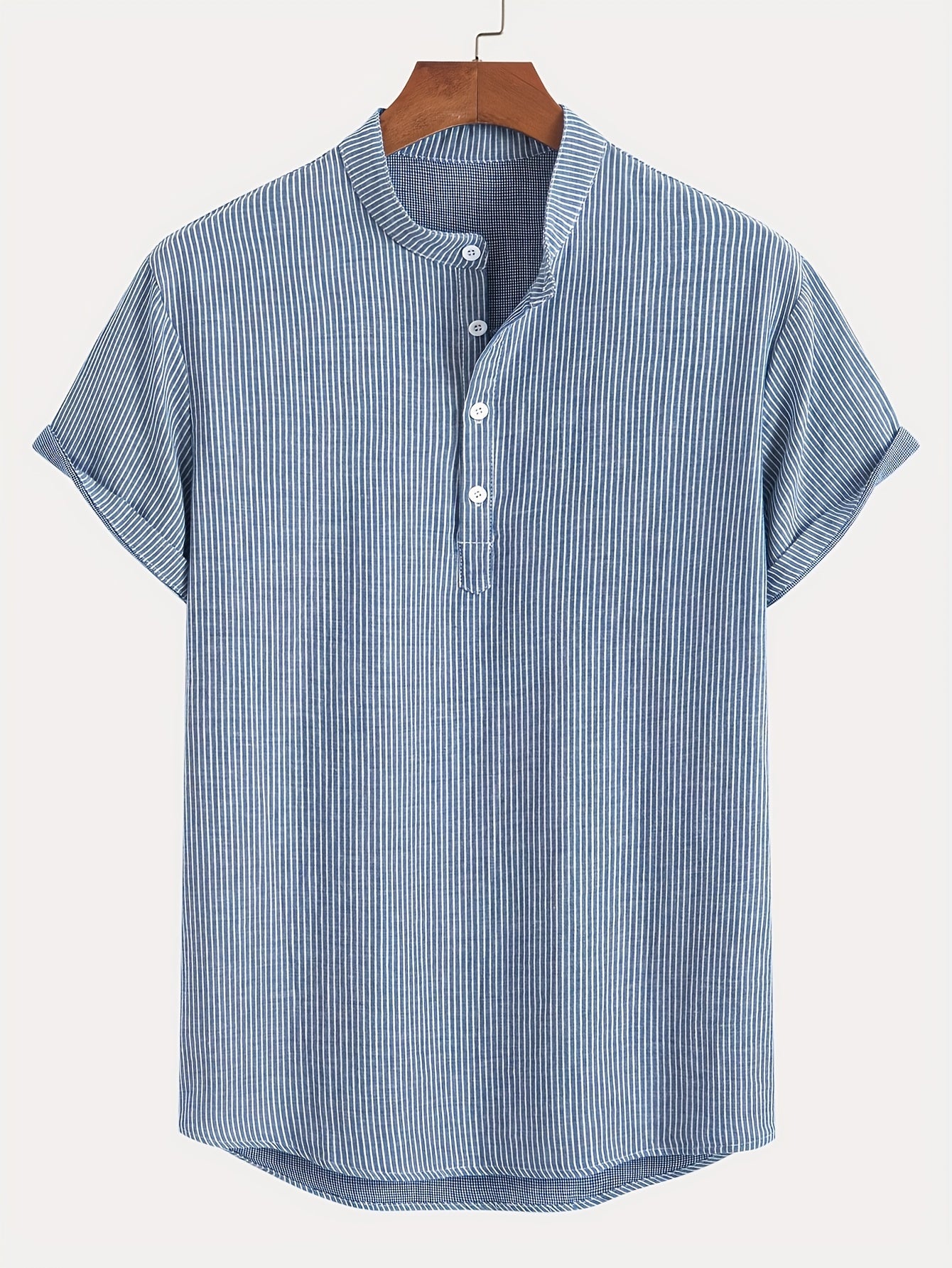 Herr Kortärmad Randig Henley Skjorta med Mandarin Krage – Modern Avslappnad Stil
