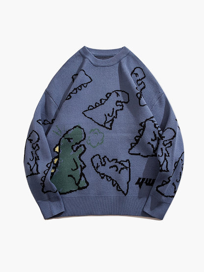 Herrtröja med tecknad dinosauriedesign, avslappnad streetwear för höst och vinter