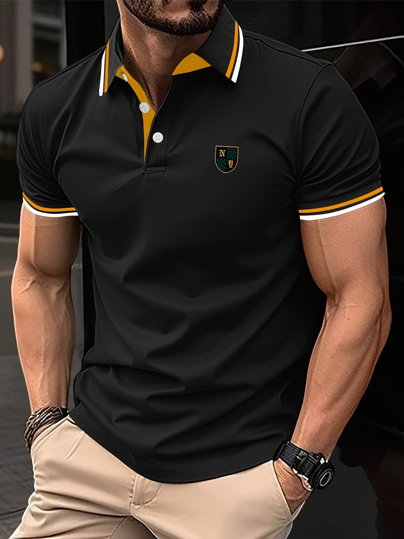 Herr Pikétröja Casual Polo Kort Ärmskjorta med Emblem – Modern Stil för Vardagsbruk