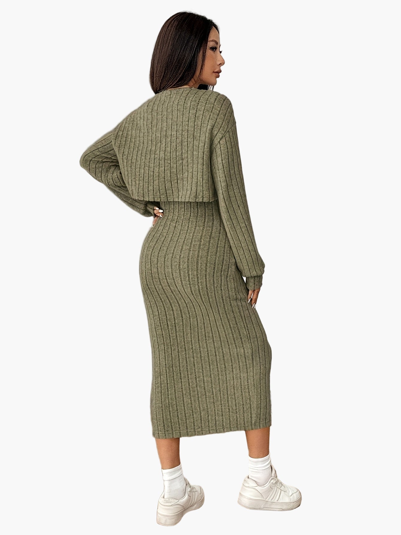 Dam Set med Kjol och Kofta – Elegant Ribbad Stickad Outfit för Vardag och Fritid