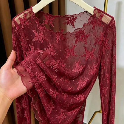 Dam Topp med Lång Ärm och Broderade Blommor – Elegant Transparent Festblus