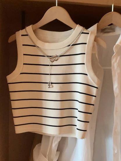 Dam Topp Randig Ärmlös Preppy Stil Elegant Vardagsplagg