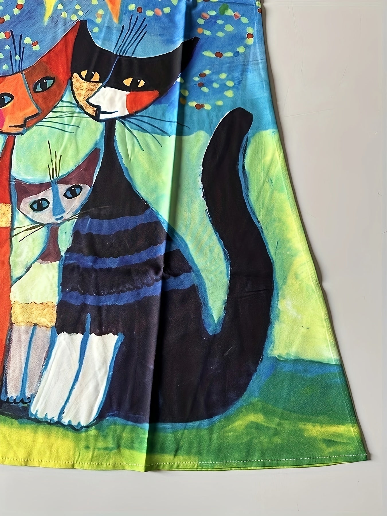 Damklänning med konstnärligt kattmotiv och sol – Vintage, ärmlös, vardagsklänning