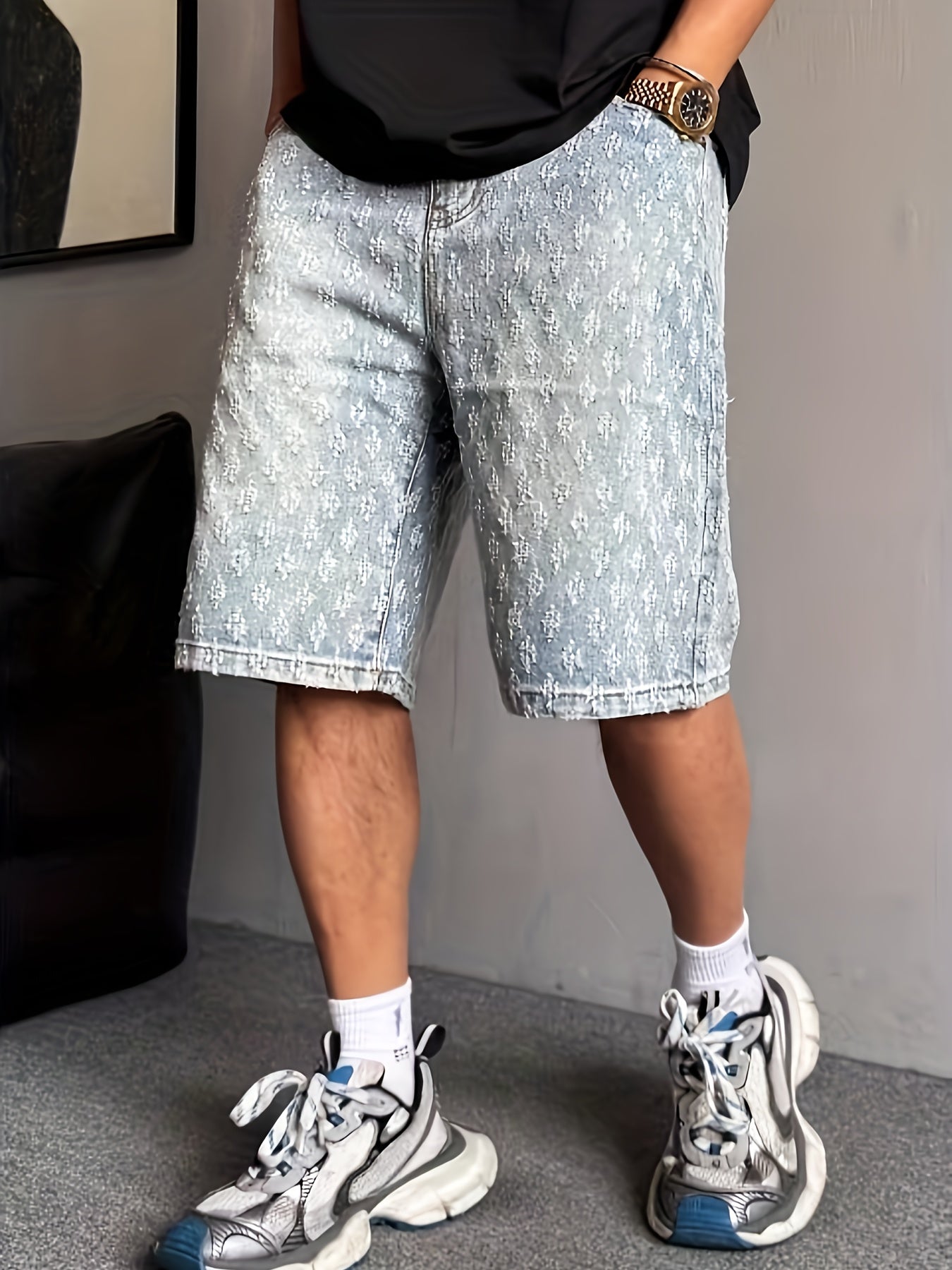 Herr Bermuda Shorts Streetstil – Knälånga Shorts med Textur och Avslappnad Passform