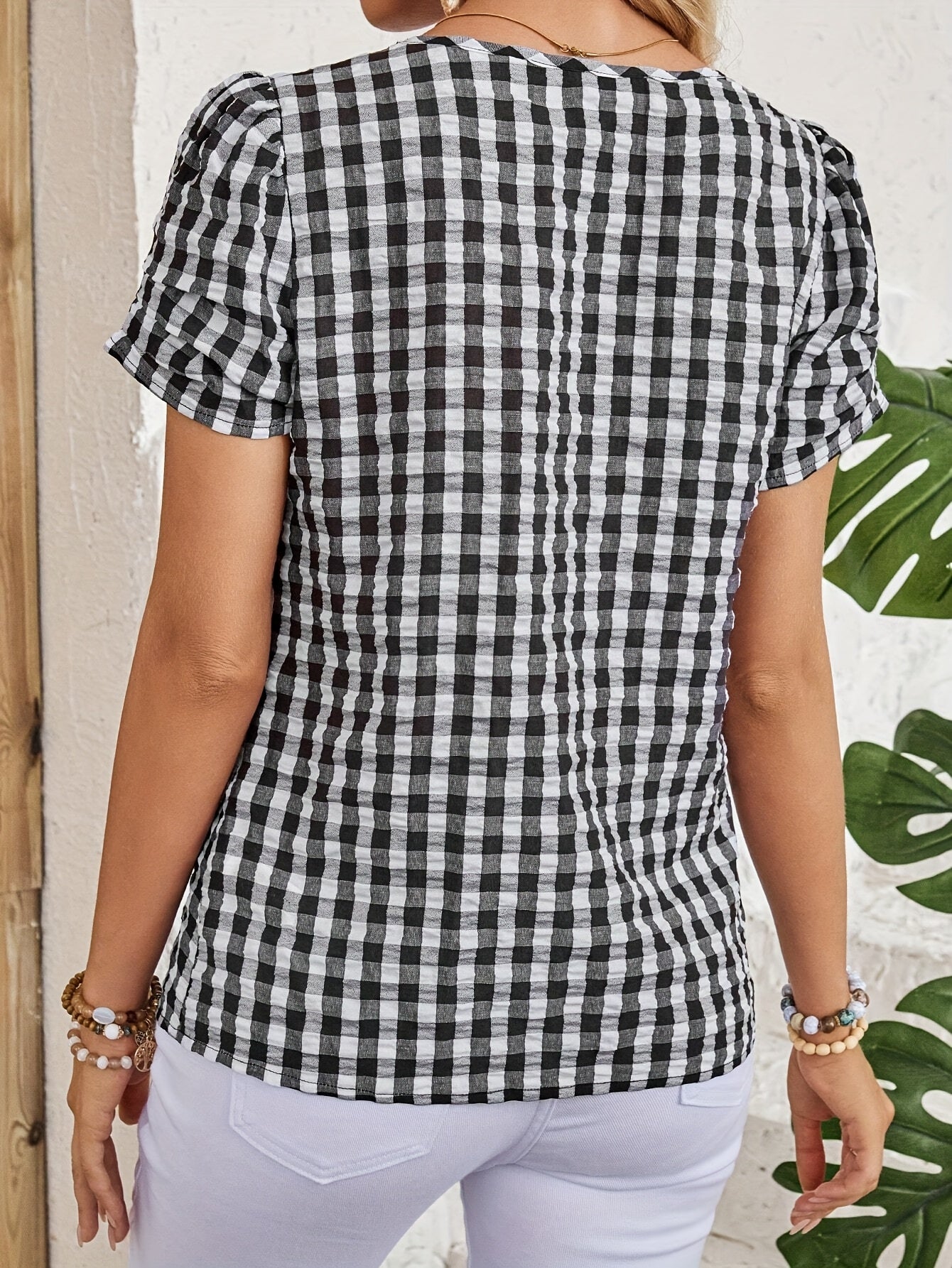 Dam Blus Elegant Rutig Vår/Sommar Top Kort Ärm Notch-Krage