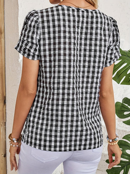 Dam Blus Elegant Rutig Vår/Sommar Top Kort Ärm Notch-Krage