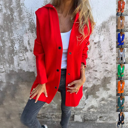 Linda – Lättvikts Huva Enkelt Knäppt Cardigan Fashion Lös Enfärgad Jacka Vår och Höst Damkläder