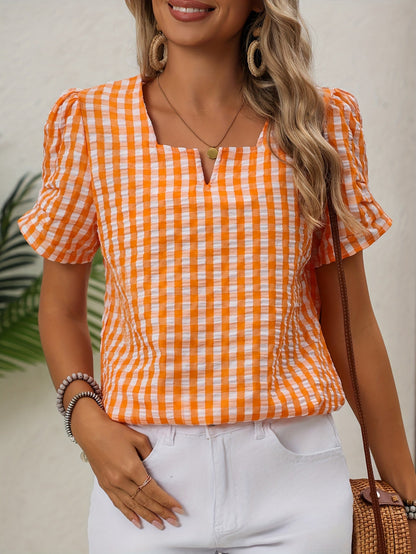 Dam Blus Elegant Rutig Vår/Sommar Top Kort Ärm Notch-Krage