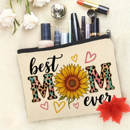 Kvinnors necessär med solros och texten 'Best Mom Ever' – Trendig present till mamma