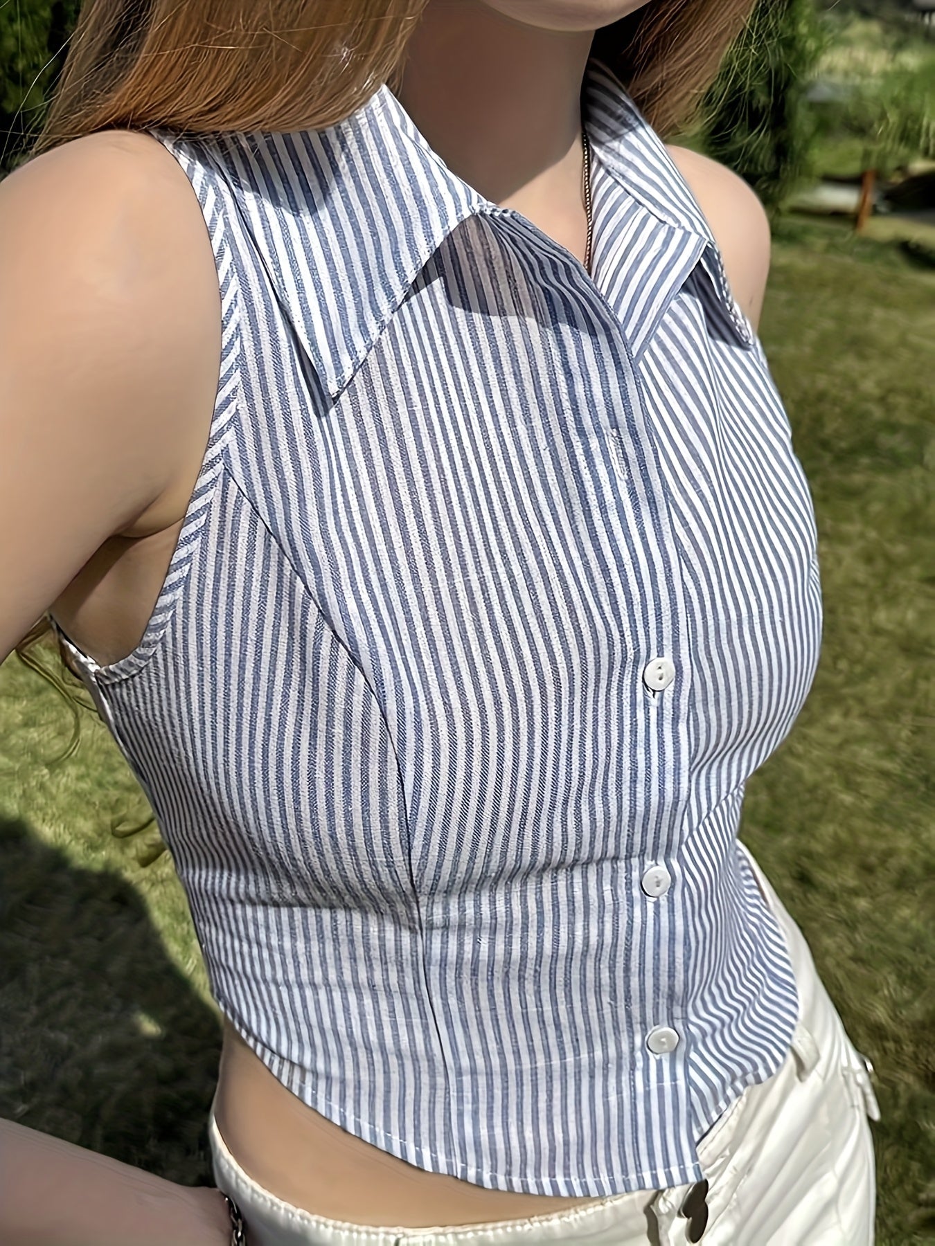 Dam Blus ärmlös skräddarsydd med smala ränder och modern korsettstil – Elegant topp för vardag och fest