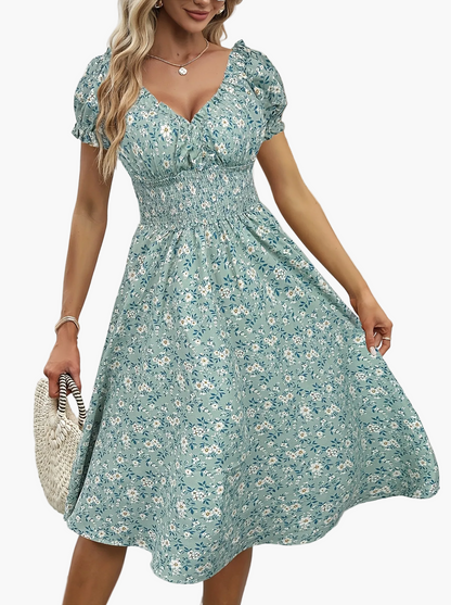 Damklänning Elegant Sommar Fladdrande Ärmar V-ringad Blommig Fritidsstil