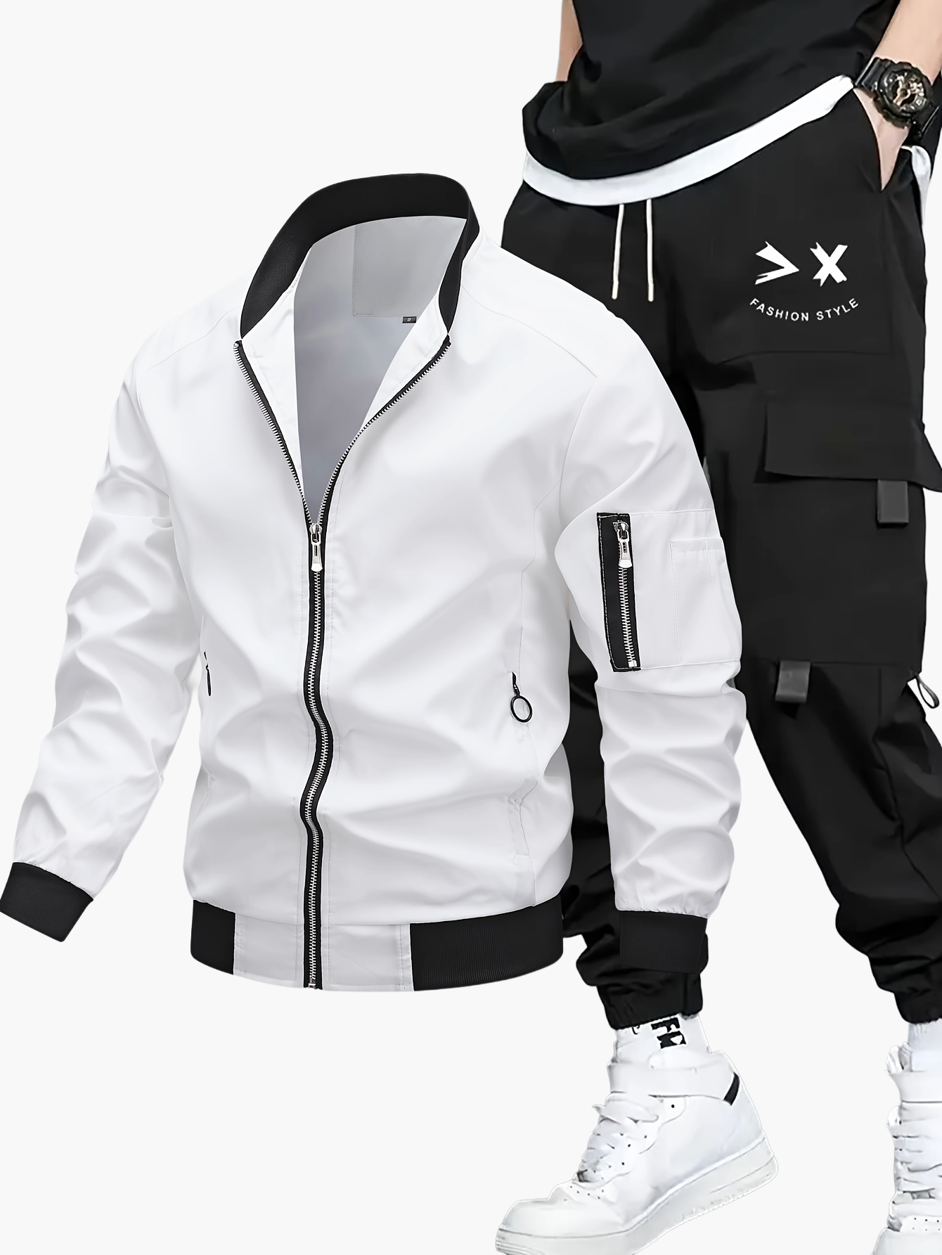 Herr Set med Jacka och Cargobyxor – Trendigt Streetwear för Vår och Höst