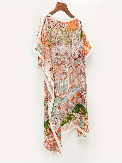 Dam Poncho Kaftan Boho Asymmetrisk Strandtunika med Blommönster