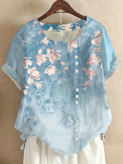 Dam Blus Vintage Blommig Kortärmad Sommartopp med Knappar