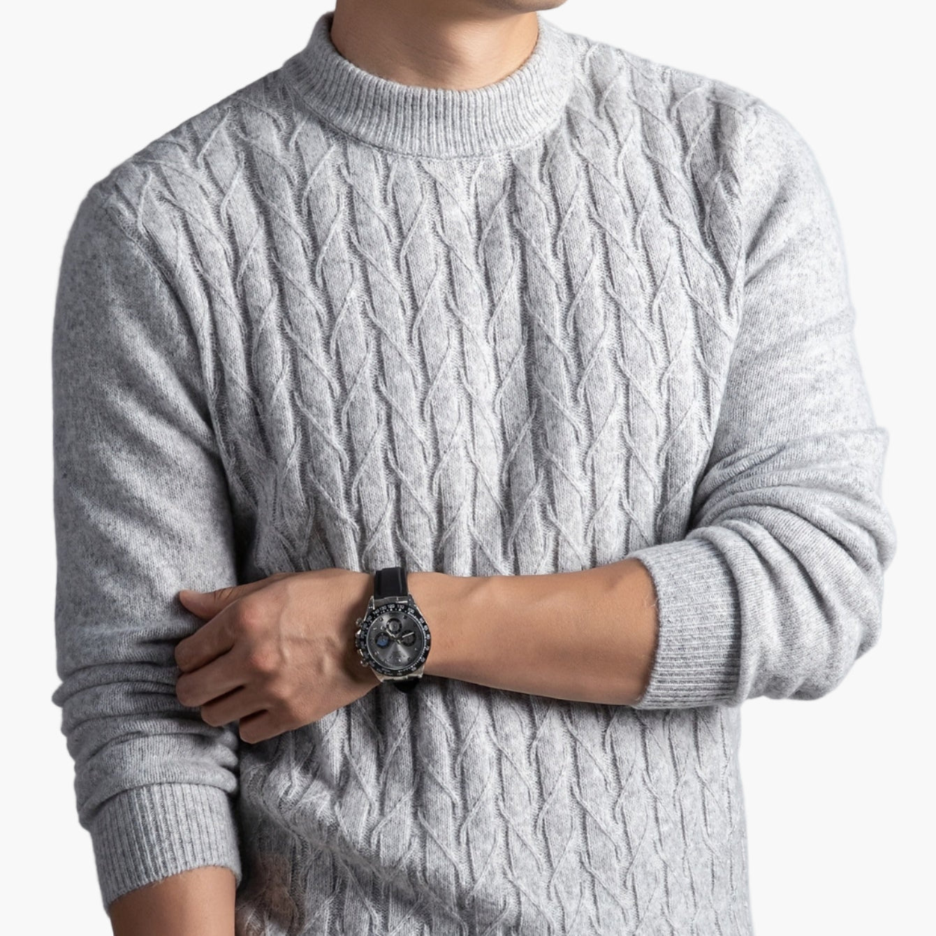 Herrtröja med kabelstickad design – Elegant vardagsstil, lång ärm, höst/vinter