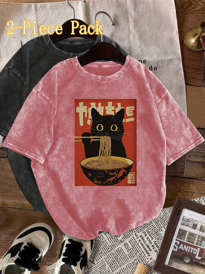 Unisex T-shirt med Vintage Katt och Ramen, Japansk Stil, Casual Mode
