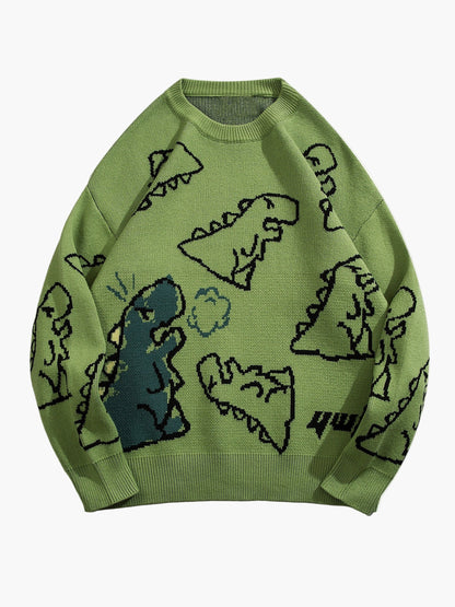Herrtröja med tecknad dinosauriedesign, avslappnad streetwear för höst och vinter