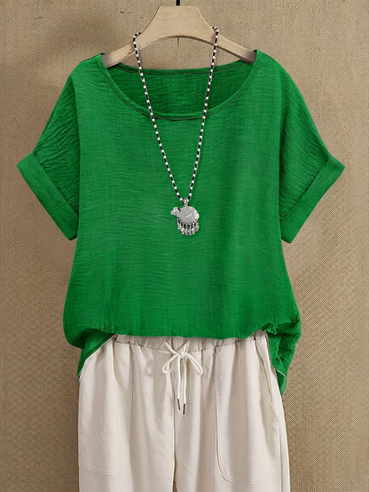 Dam Topp Avslappnad Kortärmad Blus med Lös Passform och Elegant Halsringning – Perfekt för Vardagsbruk och Semester