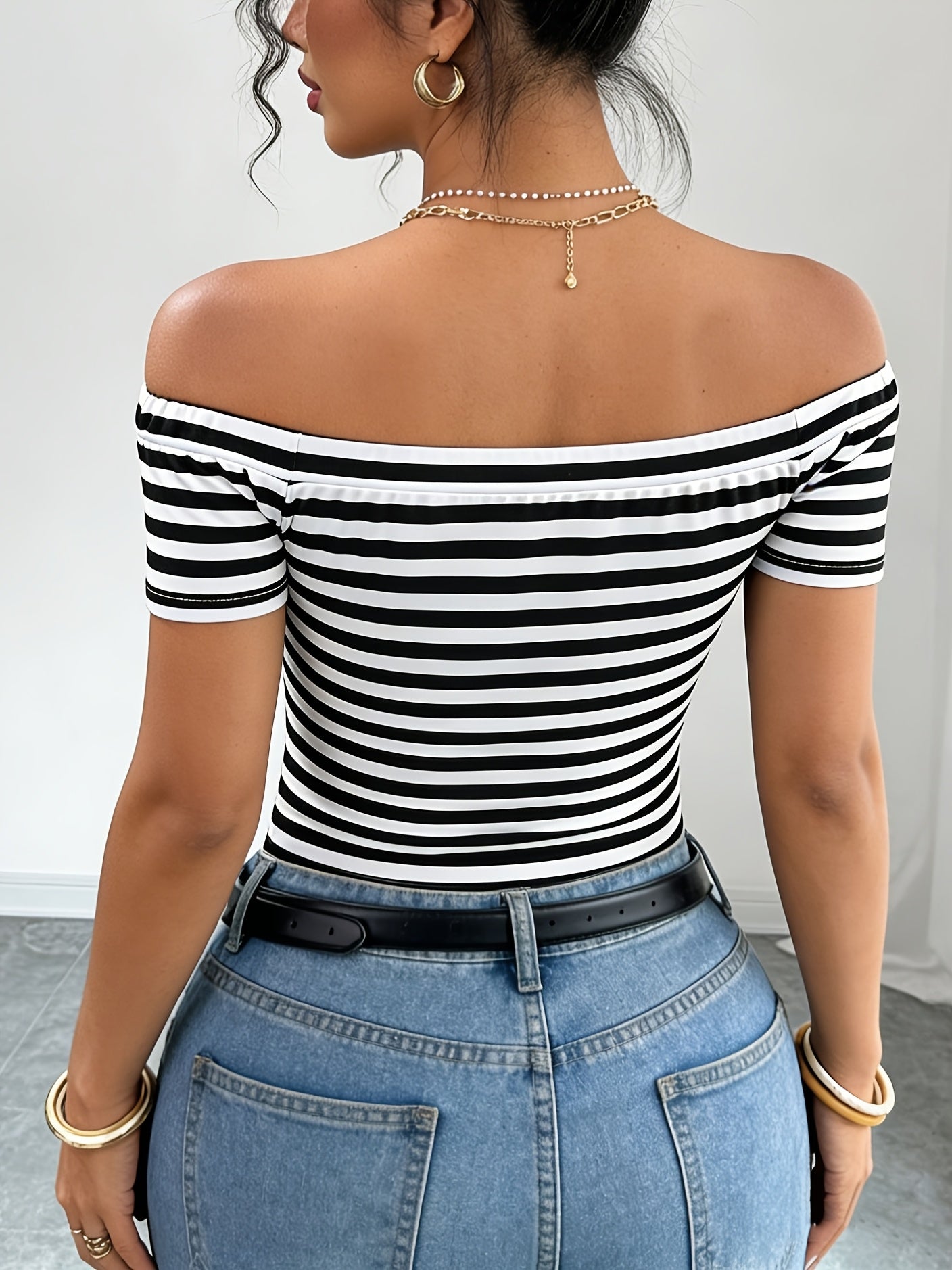 Dam Off-Shoulder Randig Topp – Elegant Bardot Stil för Vardag och Fest