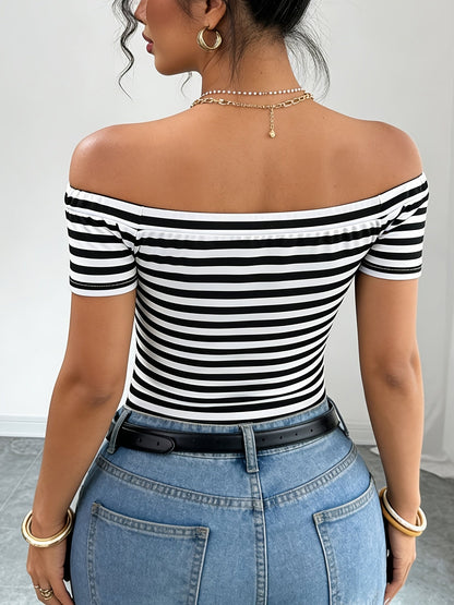 Dam Off-Shoulder Randig Topp – Elegant Bardot Stil för Vardag och Fest