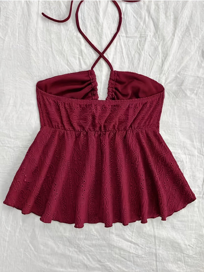 Dam Halterneck Sommartopp med Broderade Detaljer – Romantisk Babydoll Stil