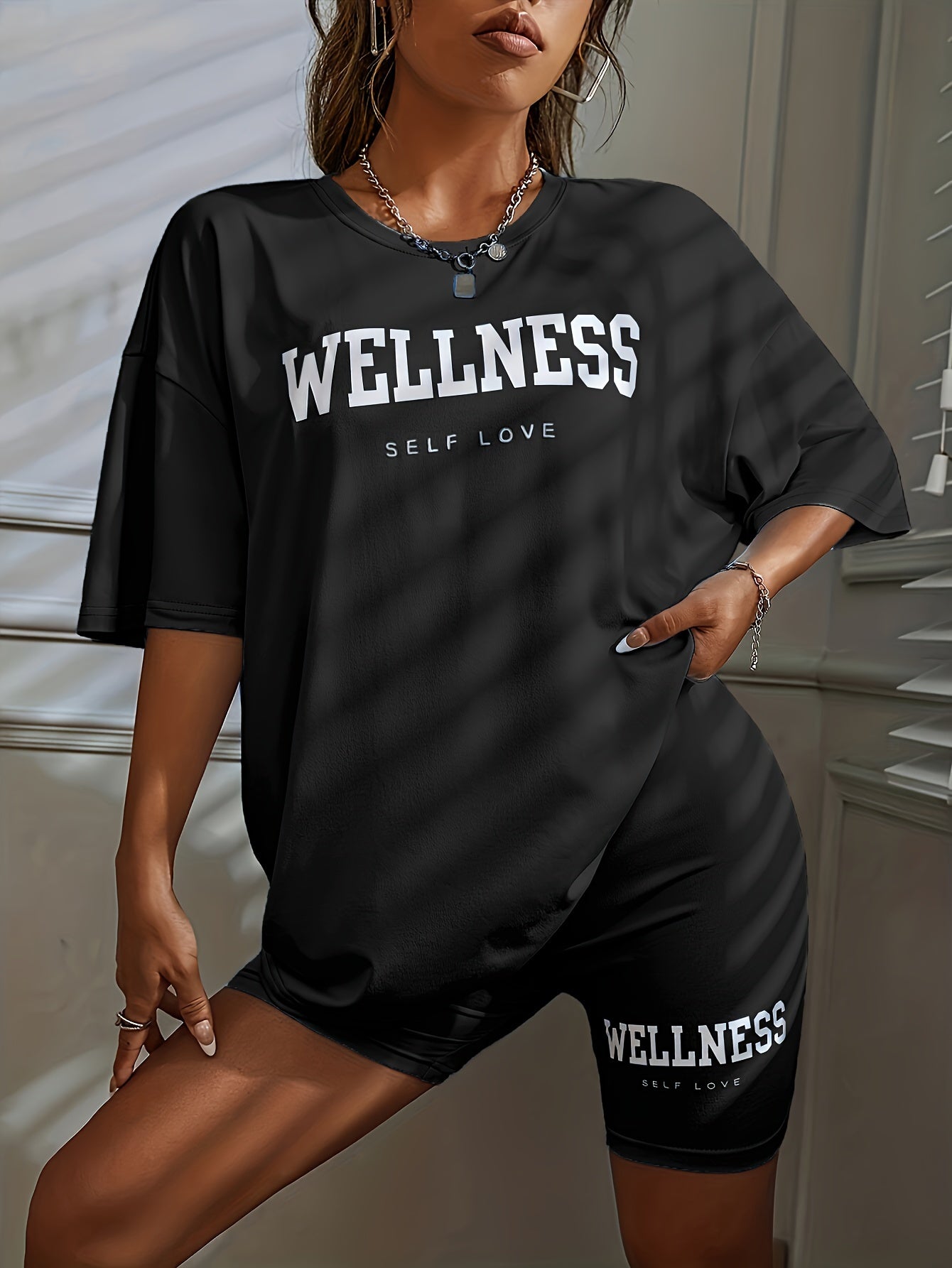 Wellness Self Love Damset – Avslappnad Lounge T-shirt och Shorts, Casual Vardagsträning