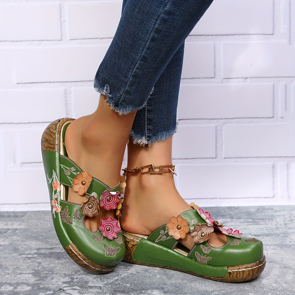 Damskor kilklack slip-in bohemisk vardagsstil med blommor och fjärilar