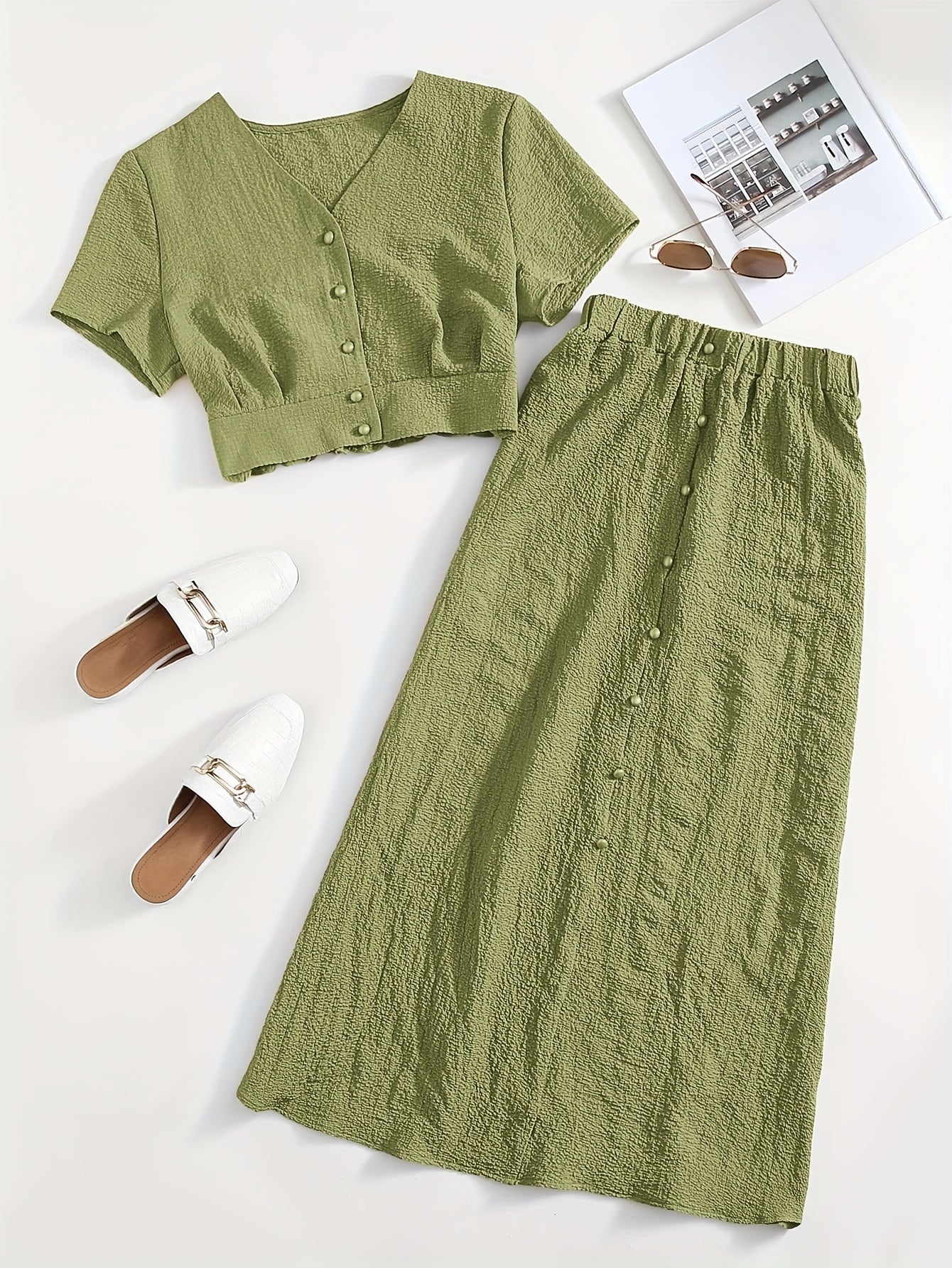 Dam Set Tvådelad Kjol och Kortärmad Crop Top Elegant Vår Sommar